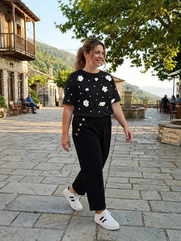 Γυναικείο Μαύρο T-Shirt με Λευκά Λουλούδια – μπροστινή όψη