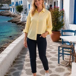 Γυναικείο Κίτρινο Βαμβακερό Πουκάμισο με Στρας – μπροστινή όψη