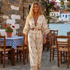 Γυναικείο Boho Σετ Μπολερό με Κρόσια και Παντελόνα – μπροστινή όψη